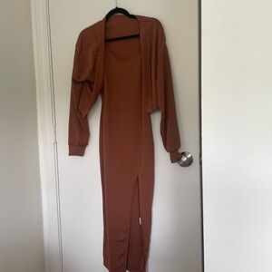 Coppery brown midi dress with cropped sweater